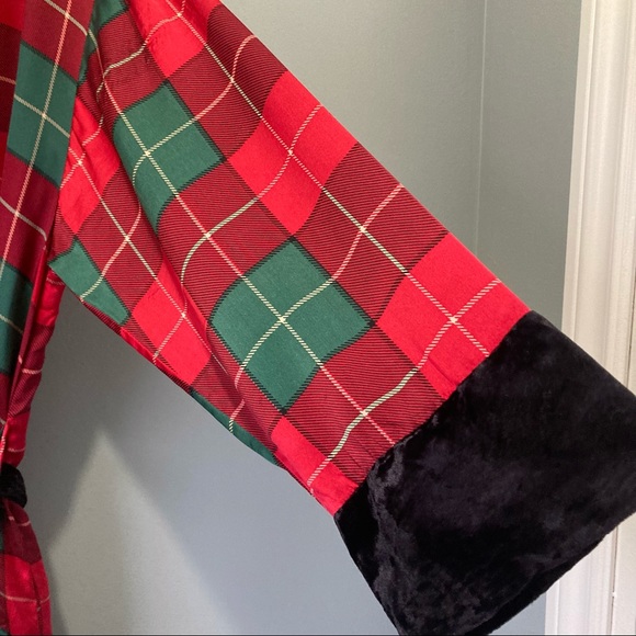 90s Vintage Silk & Velvet Belted Robe La Senza Green and Black Plaid - Picture 2 of 12